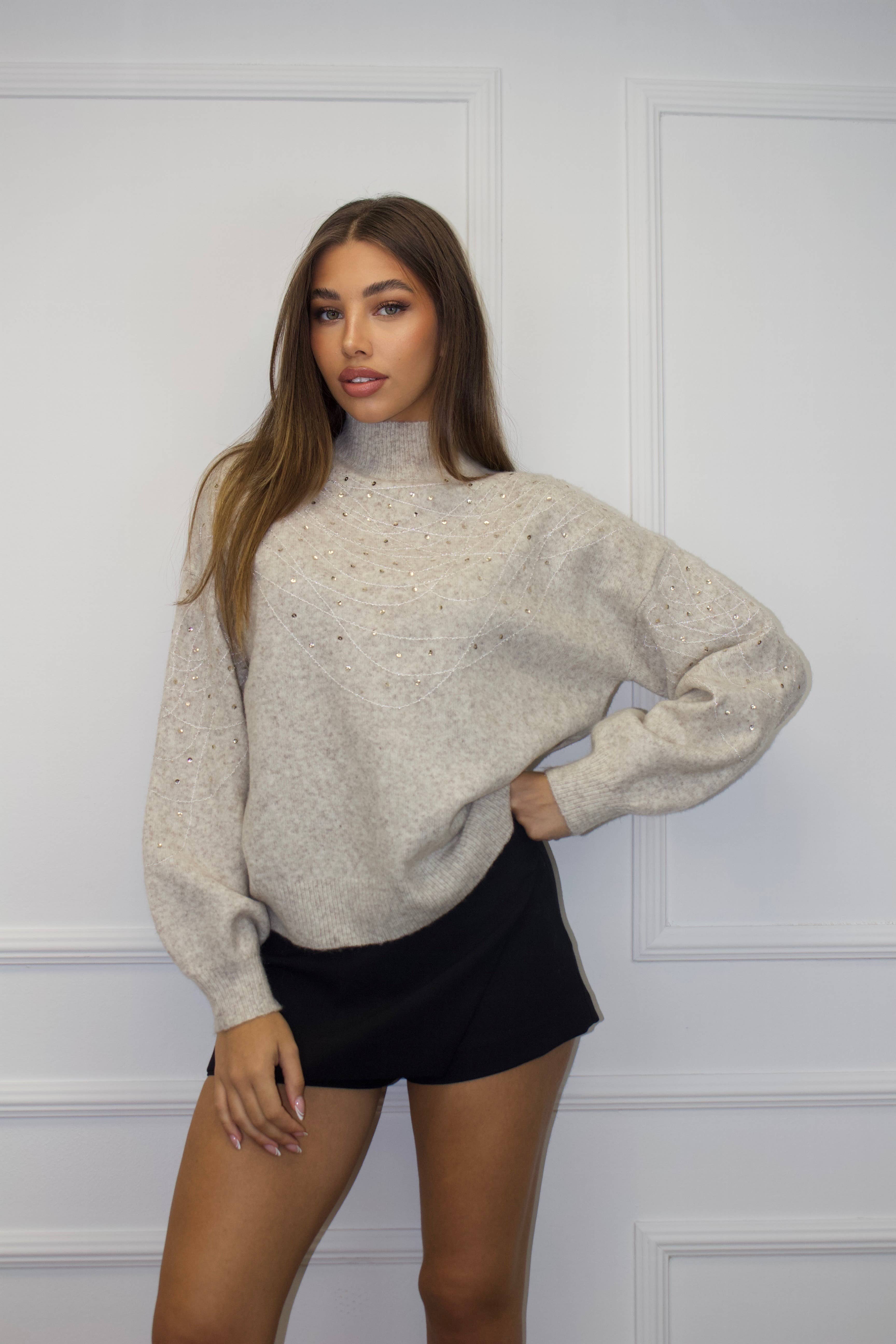 Chilli Girl Collection - Wholesale Knit Sweater - Women's - Mock neck sweater with bead and sequin details  6