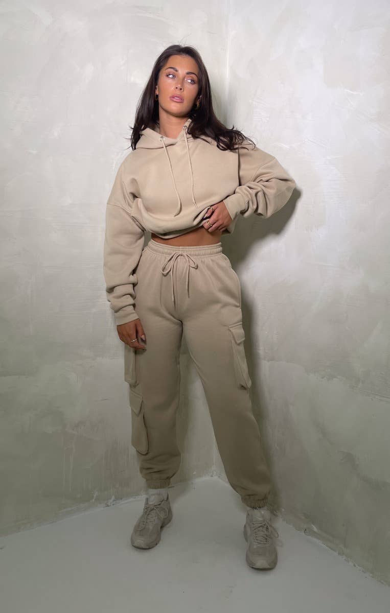 Femme Luxe - Wholesale Hoodie - Women's - Stone Oversized Drawstring Crop Hoodie - Oyska0