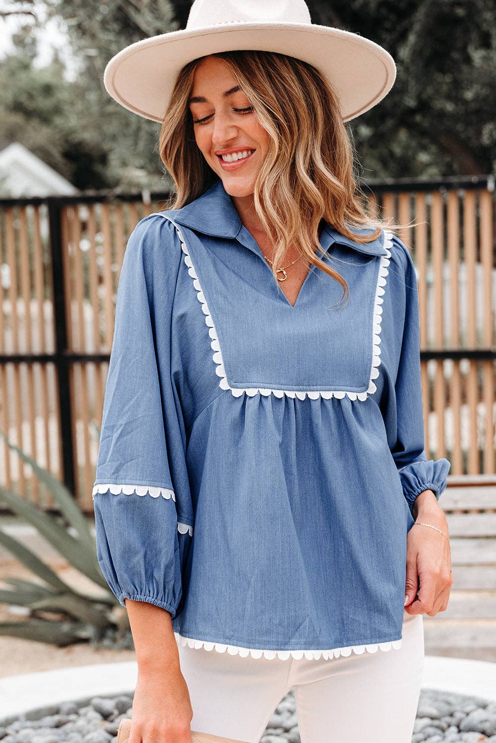 Dusk Blue Lace Ric Rac 3/4 Puff Sleeve Collared Babydoll Blouse for wholesale on Faire3