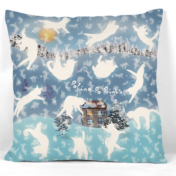 Snefaldtryk med hvide katte snefnug på pudebetræk for engroshandel hos Polina Po Prints
