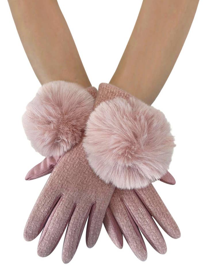 Faux Fur Pom Pom Touch Screen Gloves for wholesale by Fashion Scarf World
