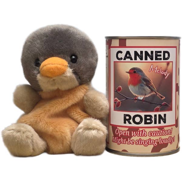 Robin in Scatola | Peluche in Lattina con Barzellette per la vendita all'ingrosso da parte di Canned Gifts