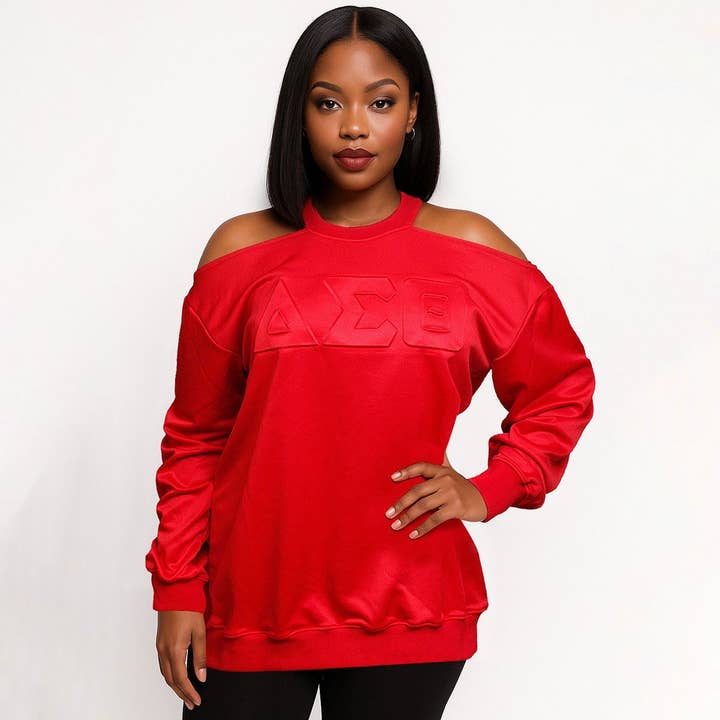 DST Greek Merch L Red Cold Shoulder Sweatshirt for wholesale on Faire