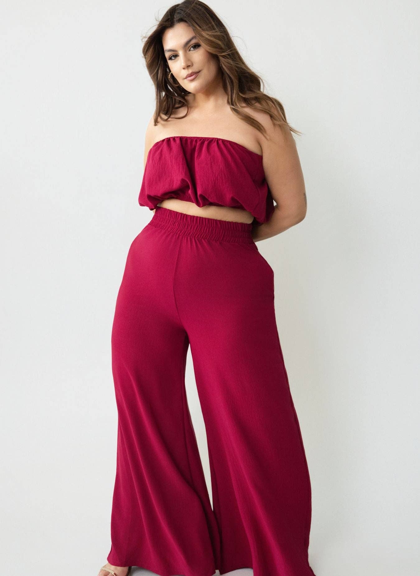 Red Helly Ultra Wide Leg Pants w. Elastic Waistline for wholesale on Faire2