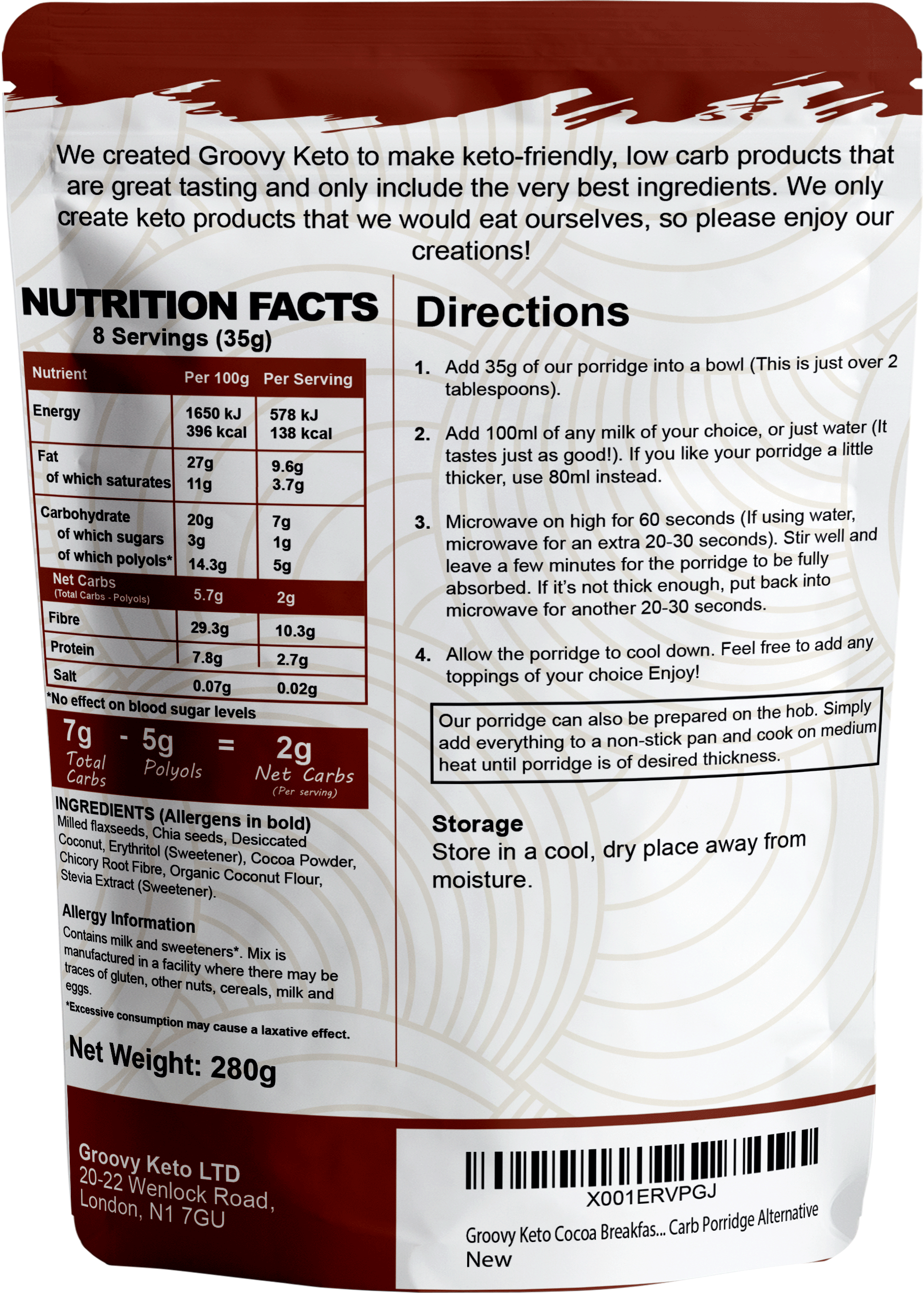 Groovy Keto – wholesale Breakfast cereal – Groovy Keto Cocoa Porridge1