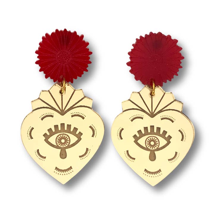 Protection Corazones Gold and Red Flower Acrylic for wholesale by anamarinastudio