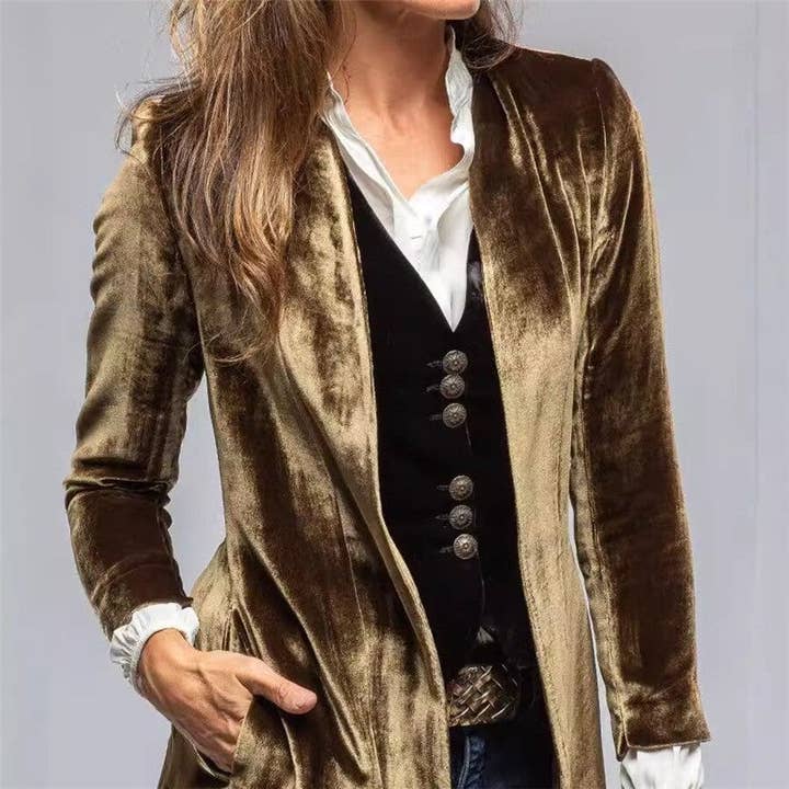 Sheer Trend - Wholesale Coat - Women's - Long Velvet Solid Color Vintage Split Coat