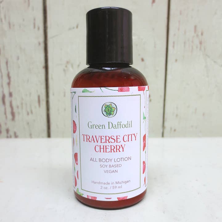 Traverse City Cherry Mini Soy Lotion Bottle - Michigan for wholesale by Green Daffodil Bath & Body