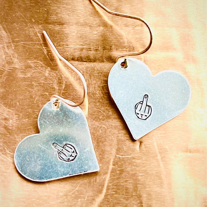 Middle finger heart earrings for wholesale by BadAss Baubles and Things