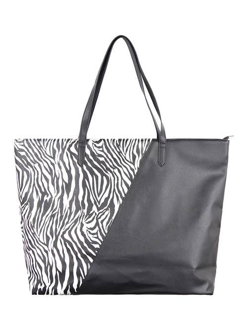 Two Tone Zebra Print Tote Bag Black - Pack of 6 for wholesale by Apparel Candy