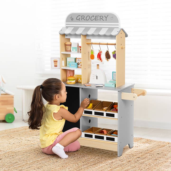 Multi Colored All-in-One Grocery Store Pretend Play with Chalkboards for wholesale on Faire11