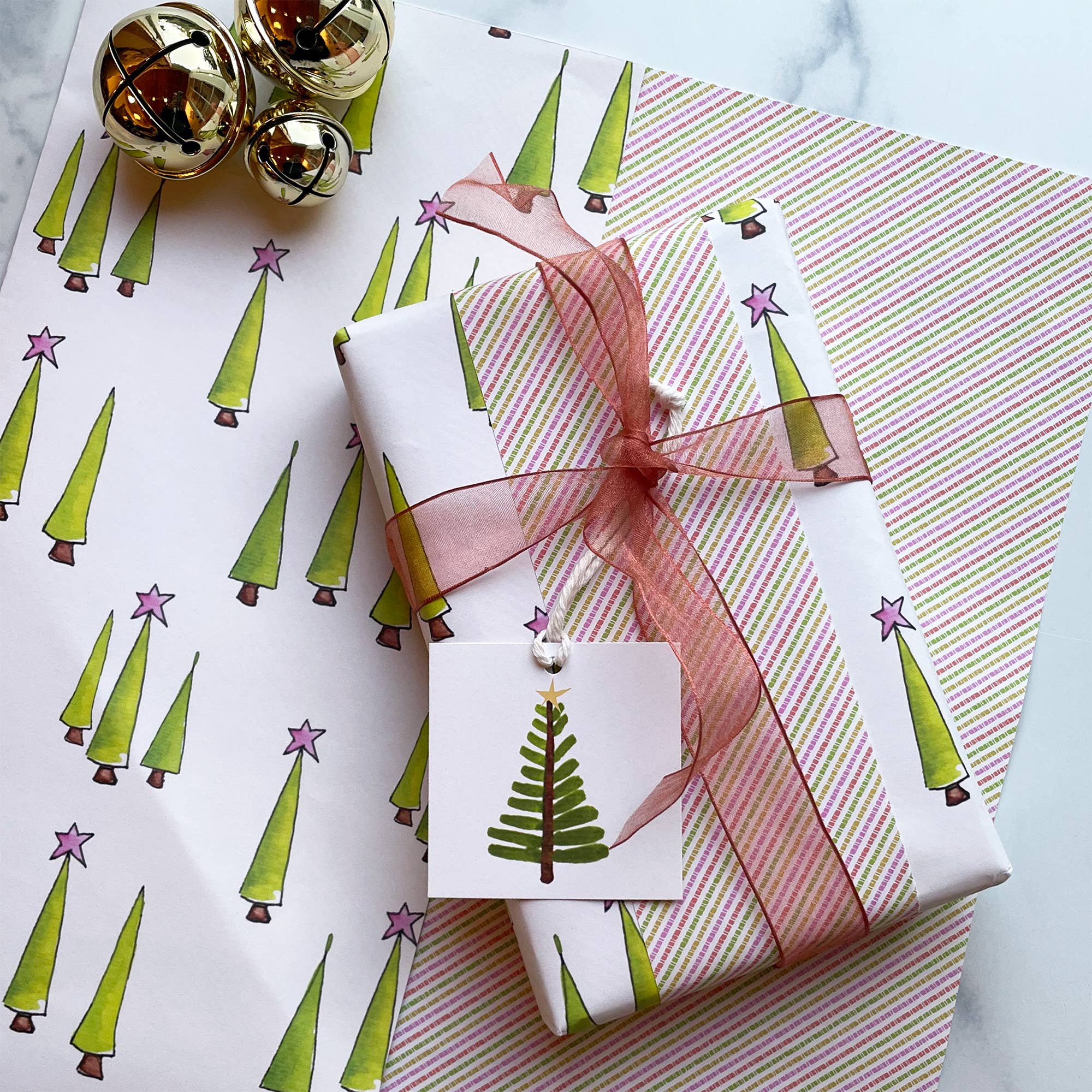 Slow Notes - Wholesale Flat Wrap - Christmas Tree-Pink/Green Stripe Double-Sided Wrapping Paper1