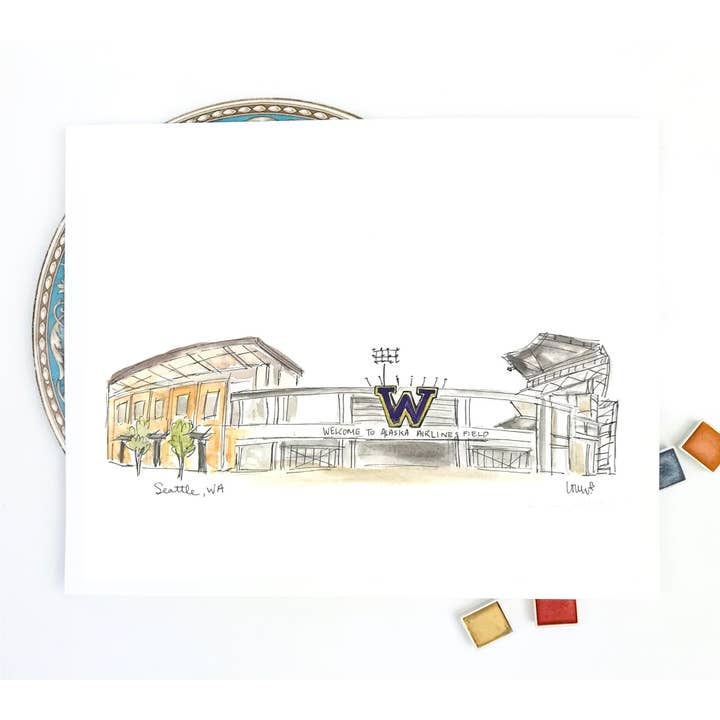 University Of Washington Stadium watercolor print for wholesale by Messy Heart Studio