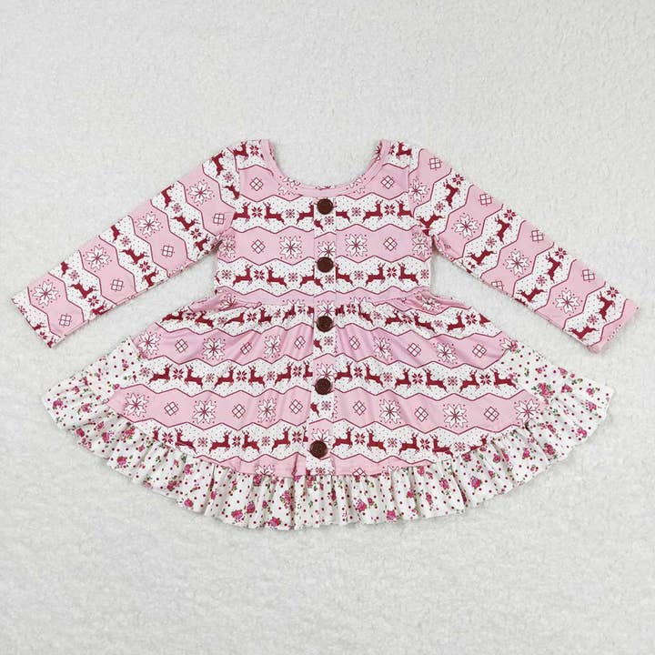 Baby Girls Christmas Pink Deer Ruffle Knee Length Dresses for wholesale by Aier Wholesale