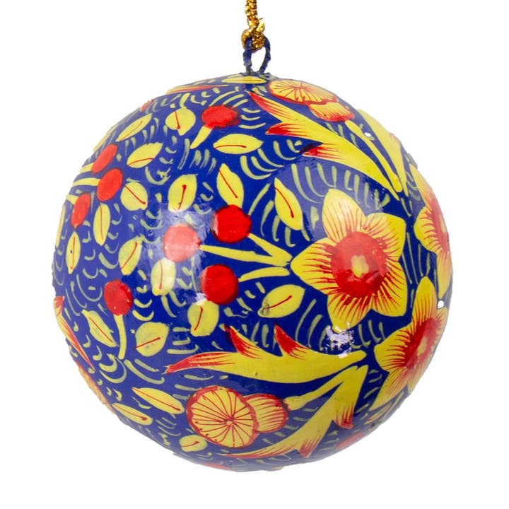 Handpainted Ornament Deep Blue with Red Poppy Flowers for wholesale by Global Crafts