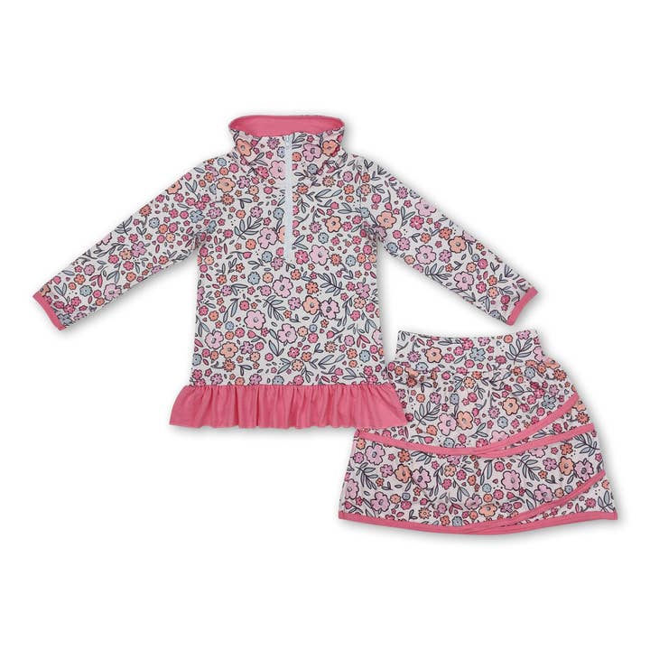 Pink ruffle floral pullover skirt kids girls clothing set for wholesale by Yawoo Garments