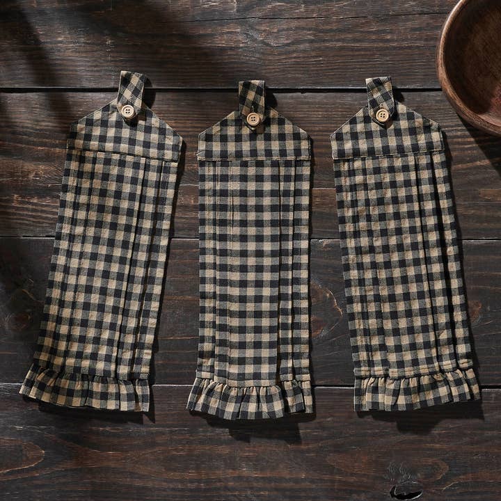 VHC Brands - Wholesale Tea Towel - Black Check Button Loop Tea Towel Set of 3