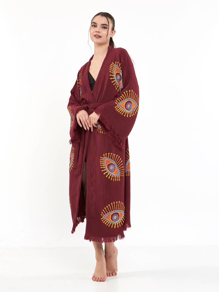 Yaz Concepts - Wholesale Kimono - Women's - Burgundy Evil Eye Print Bathrobe Festival Kimono Robe