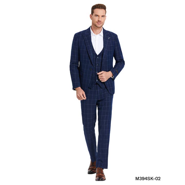 Fashion Suits,3 PC Windowpane Peak Lapel, Blue for wholesale by Suits America