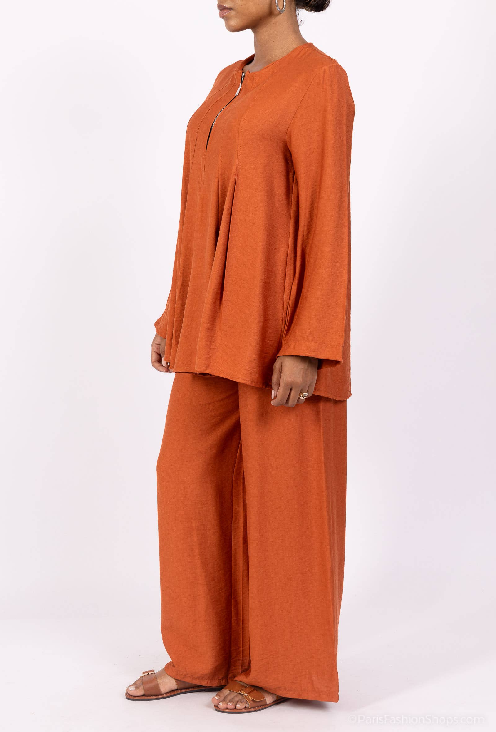 L'Emotion - Wholesale Tunic - Women's - Pleated Viscose Nylon Zip Collar Top & Pants Set10