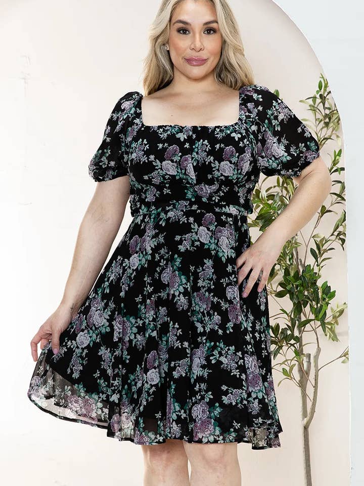 Plus Size Floral Short Balloon Sleeve Mini Dress for wholesale by Tasha Apparel Wholesale