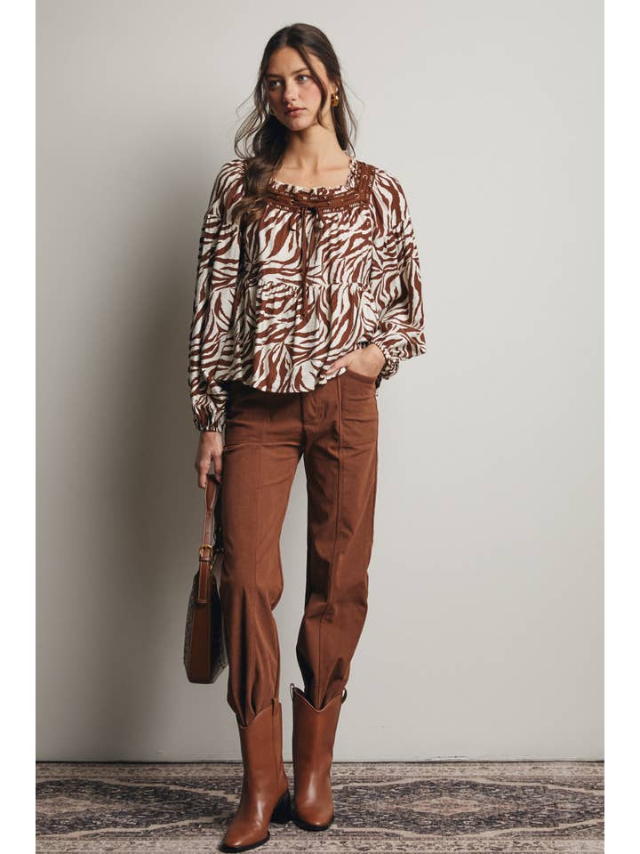 Forte - Wholesale Blouse - Women's - Zebra Jacquard Blouse with Faux Leather Trim FT002324