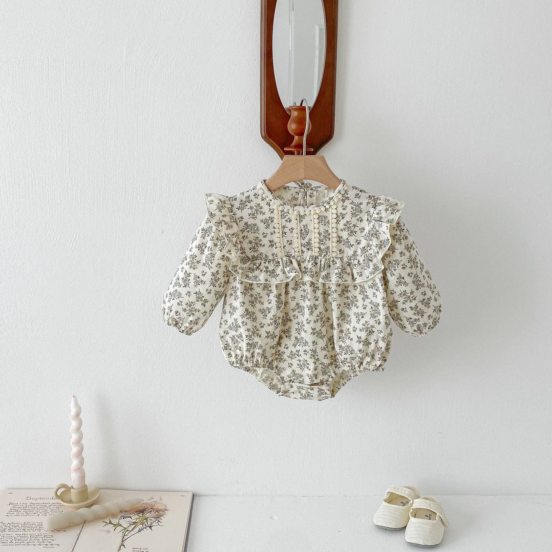 Khaki Spring Arrival Baby Flowers Print Long Sleeves Vintage bodysuit For Girls for wholesale on Faire2