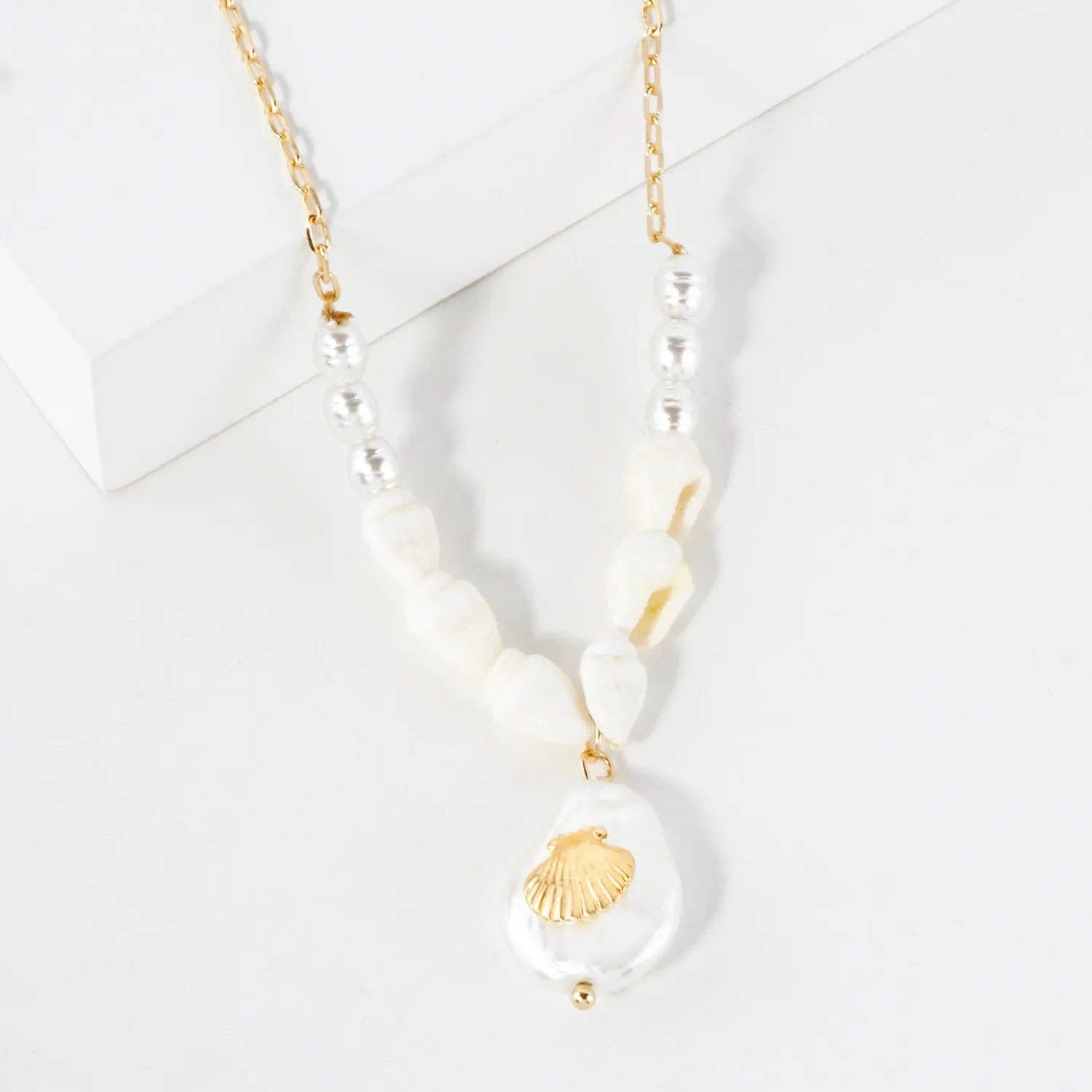 Gold Seashell Teardrop Pearl Pendant Sea-Life Necklace for wholesale on Faire0