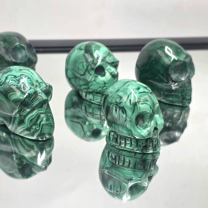 Malachite Crystal Skull Carving 100-150g for wholesale by Distinction Crystals