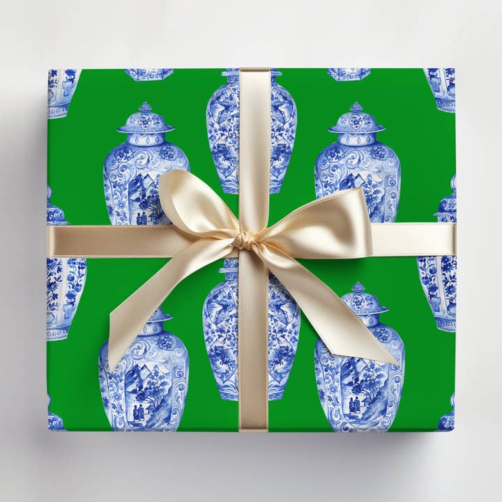 Green Ginger Jar Gift Wrap–Chinoiserie Blue & White Pattern for wholesale by JOSIL Paperie & Gift