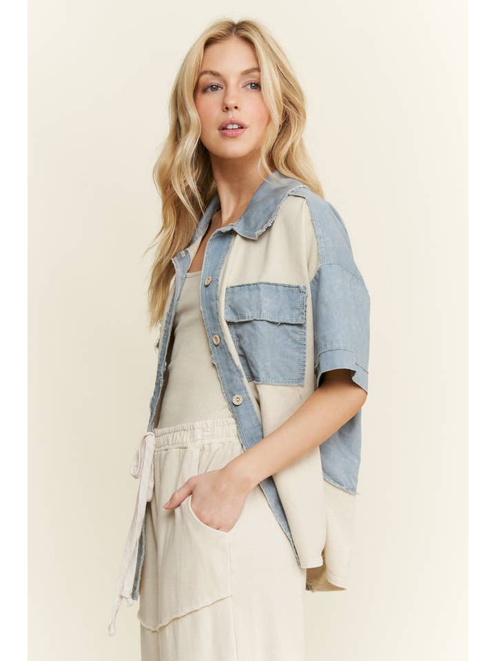 J.Her - Vendita all'ingrosso Giacca a camicia - Donna - Shacket con toppa sul retro a fiori lavato minerale HT64668