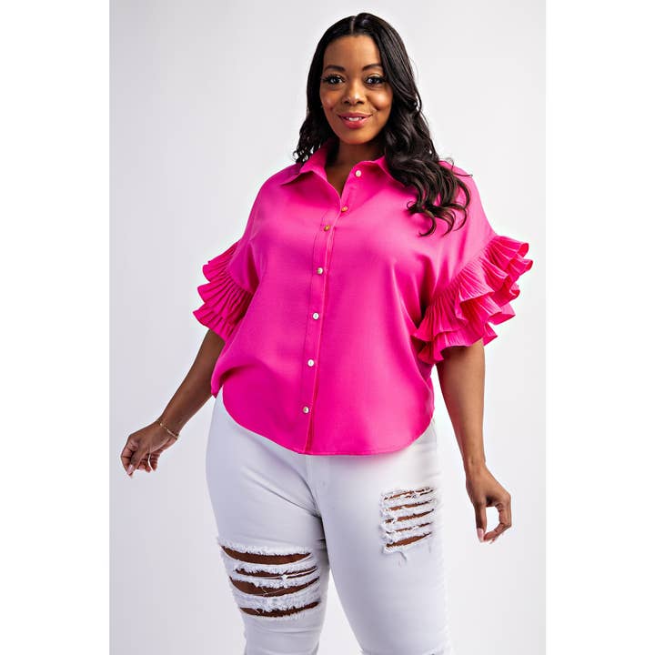 PLUS SIZE PLEATED RUFFLE SLEEVE SHIRT TOP for wholesale by Esmeray Clothing