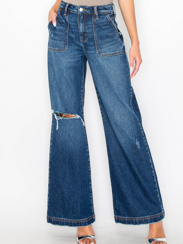 DARK ULTRA HIGH RISE RELAXED FLARE JEANS for wholesale on Faire