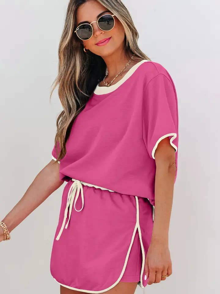 Lovesoft – wholesale Set med topp och kjol - Dam – Bonbon färgblock kant dropp axel T-shirt och skort 2-delars set12