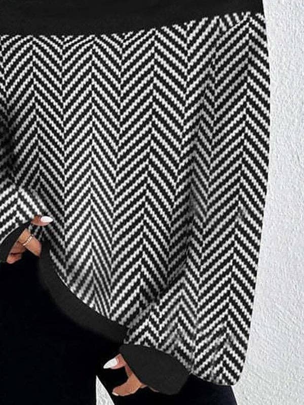 BLACK Split-Joint Striped Long Sleeves Loose High Neck Sweater Top for wholesale on Faire1