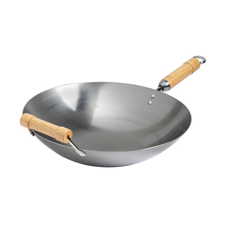 Classic 14-In Round Carbon Steel Wok with Birch Handles for wholesale by Kitchen Supply