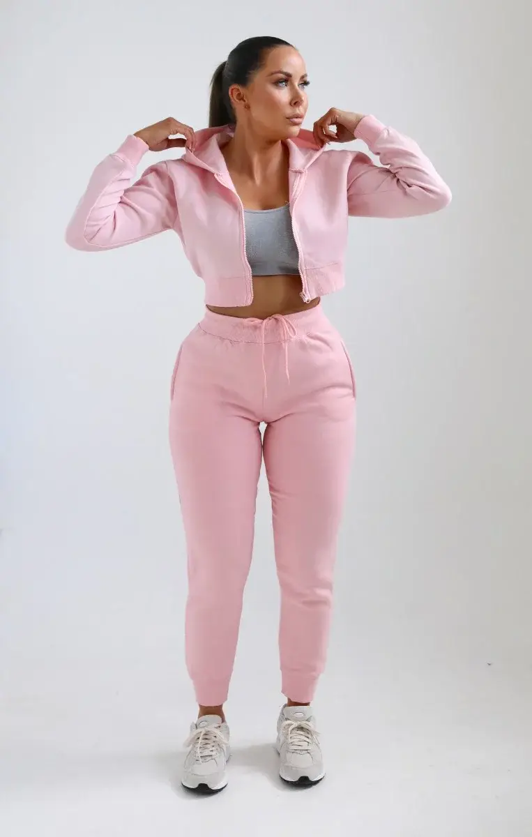 Womens Cropped Hoodie And Joggers Loungewear Set Pink –