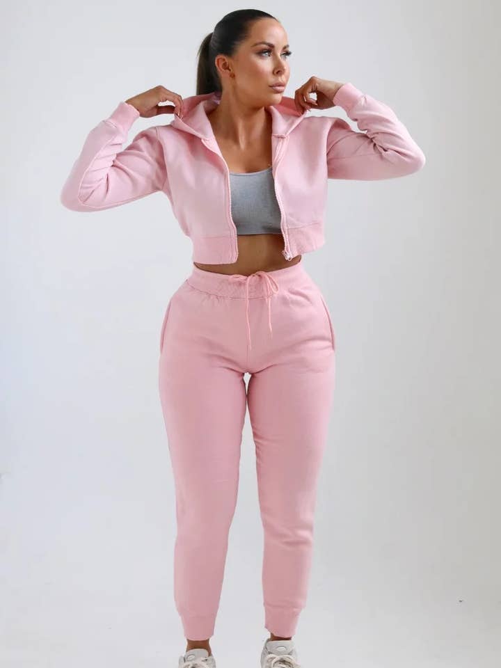 Ensemble pull à capuche et pantalon de jogging roses à fermeture éclair — Nell pour la vente par Femme Luxe
