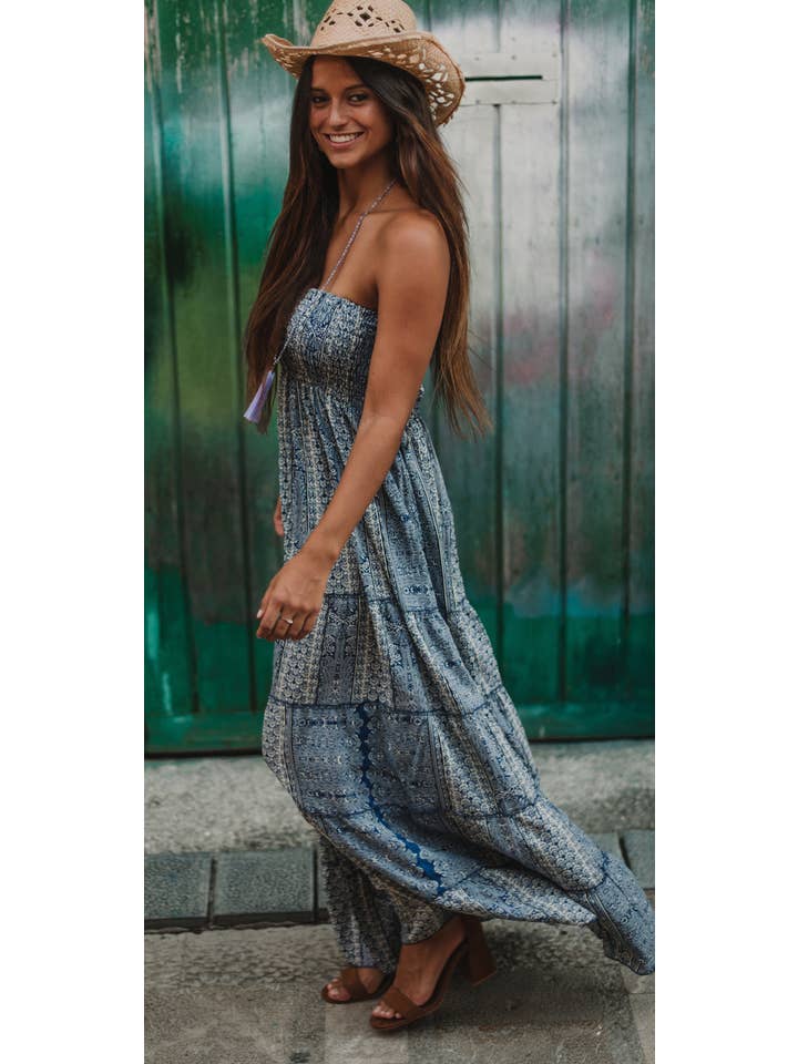 Miss Kitsch – Engroshandel Kjole - Dame – Blå Stropløs Boho Sommer Lang Kjole, Ærmeløs Maxi Kjole, Resort Wear, Strand Kjole, Capri Kjole Ferie Wear5