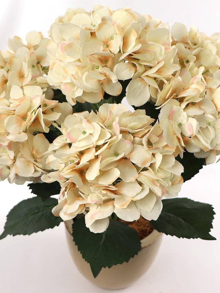 Hydrangea Silk Flower Bush, Seven Heads Per Bush, for wholesale by Larksilk
