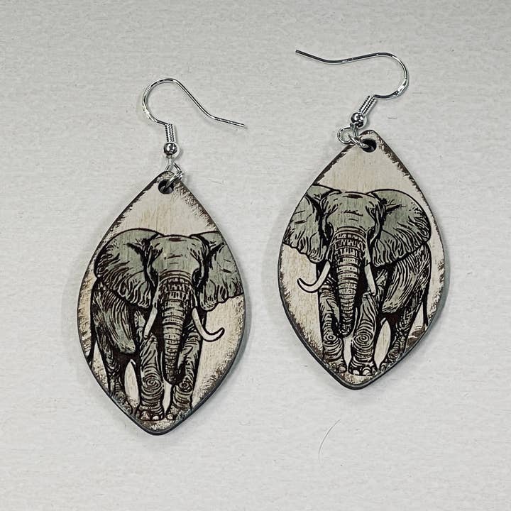 Hand Painted Wood Elephant Earrings for wholesale by Reclaimed Woodworks Home Decor