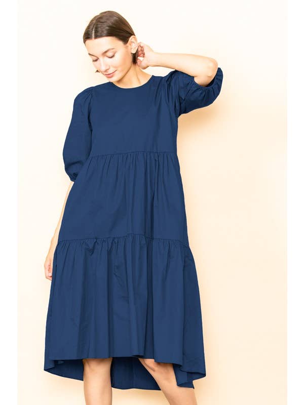 Elloh Collection - Wholesale Dress - Women's - SALE! Poplin Puff Sleeve Tiered Midi Dress with Pockets5