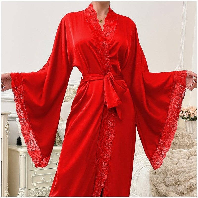 Sheer Trend - Wholesale Robe - Women's - Satin Lace Trim Long Sleeve Robe5