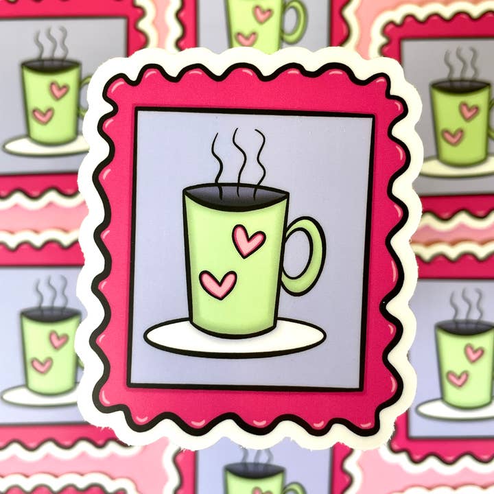 Coffee Mug Stamp Waterproof Vinyl Sticker for wholesale by quirky burp illustrations