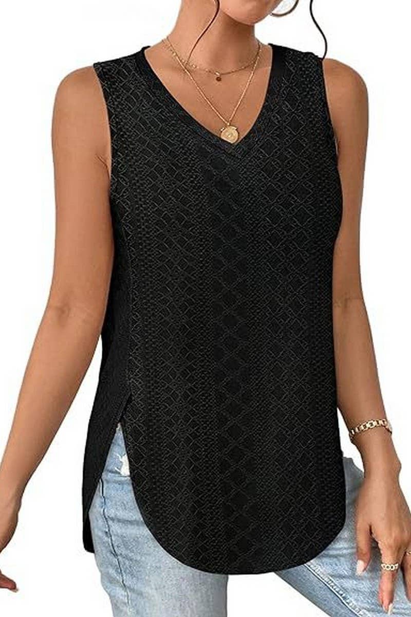 Lily Clothing - Wholesale Tunic - Women's - V NECK SLEEVELESS SLIT SOLID COLOR CASUAL SHIRT_CWTSTSL00691