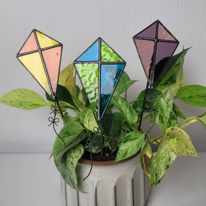 Kite Stained Glass Plant Stake for wholesale by Flora Glass Studio