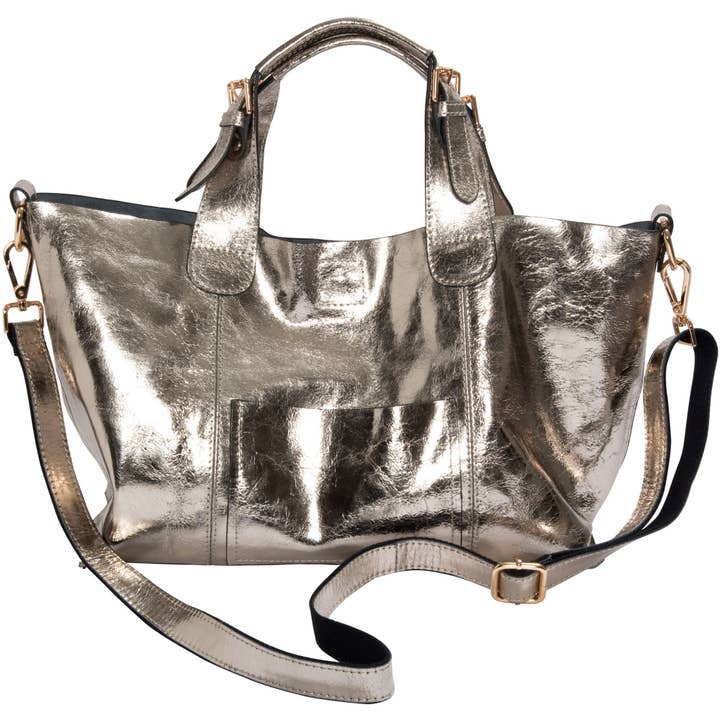 Anissa Pyrite - 14" x 9.5" Metallic Leather Purse/Handbag for wholesale by Pavilion