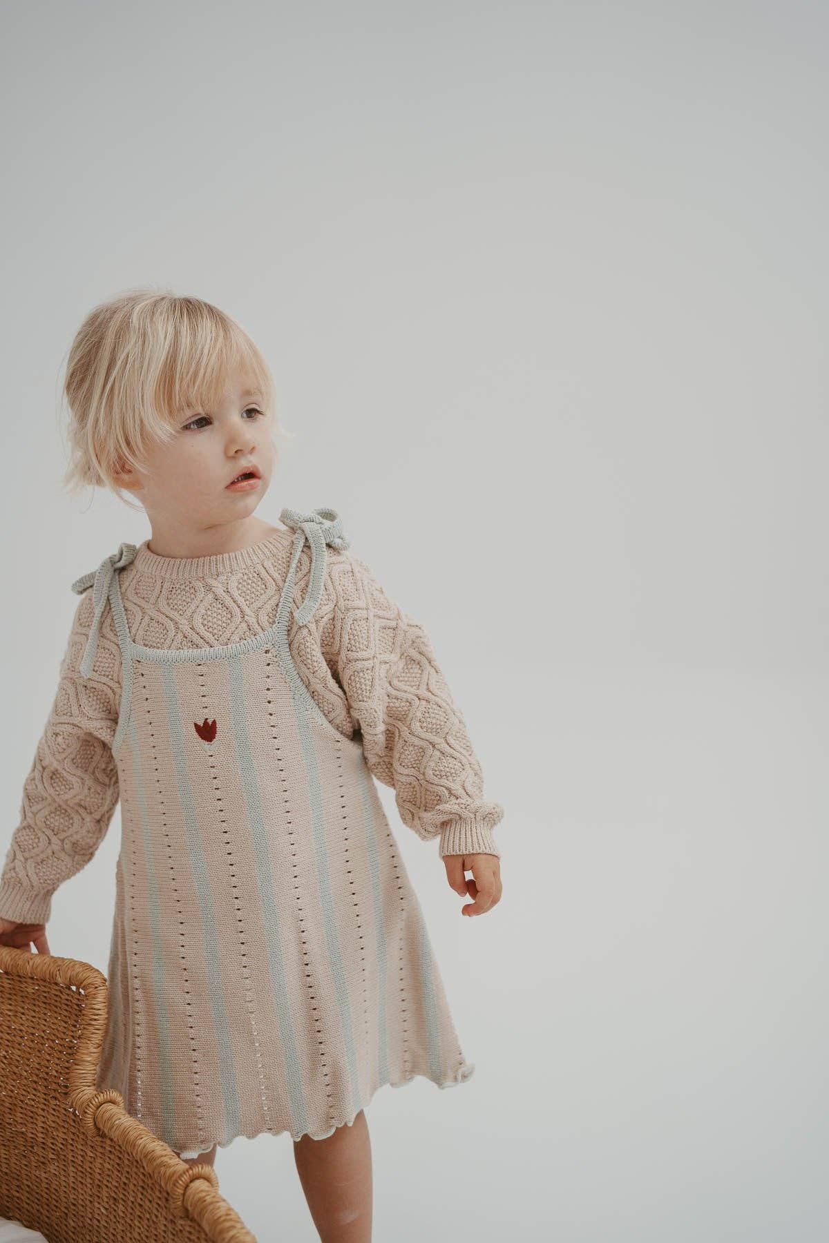 FRECKLES the label - Wholesale Dress - Kids - Embroidered Pointelle Tie Dress | Mist Stripe3