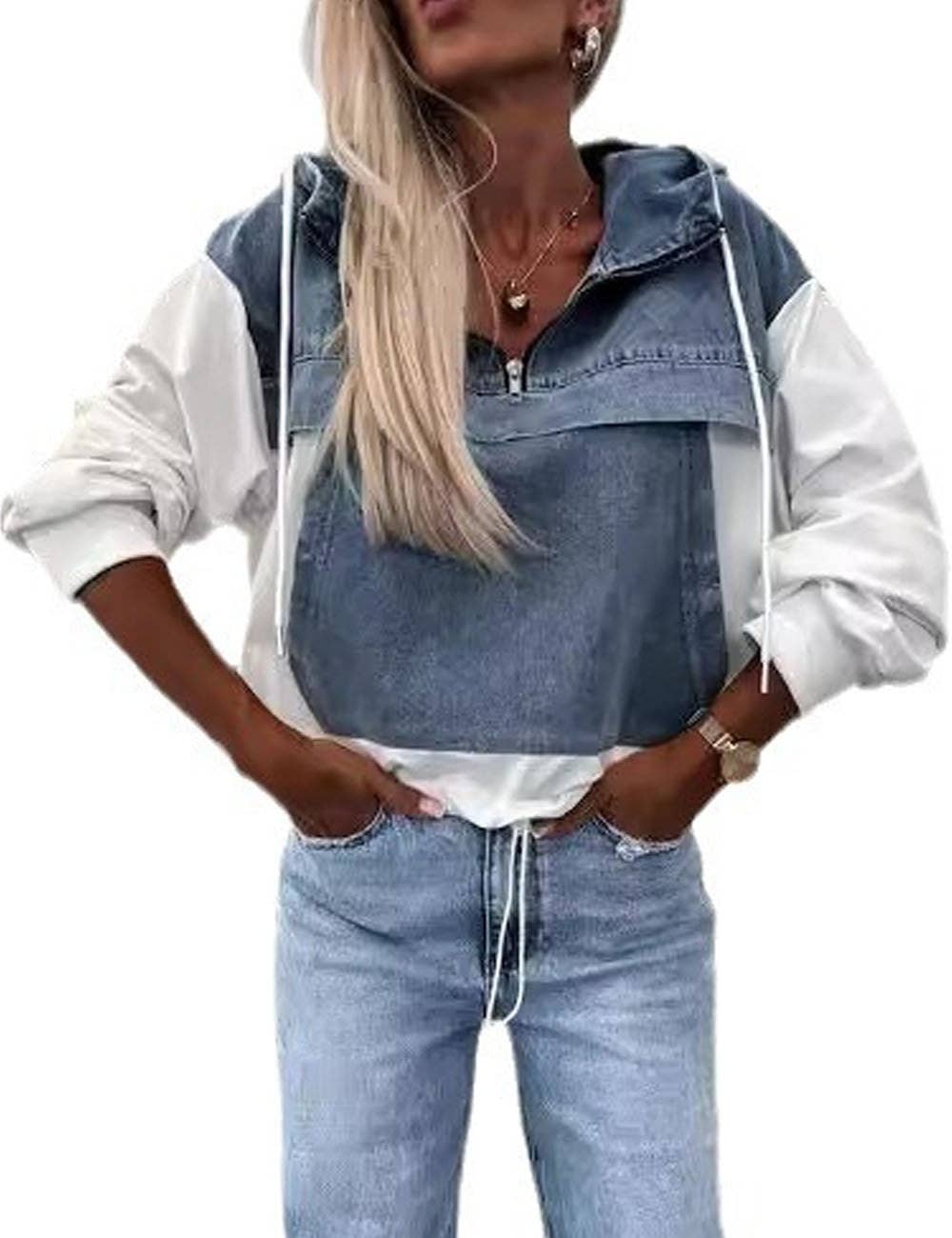 Dipped Shop - Wholesale Hoodie - Women's - Trendy Splice Color Block Washed Denim Hoodie DP25E7635