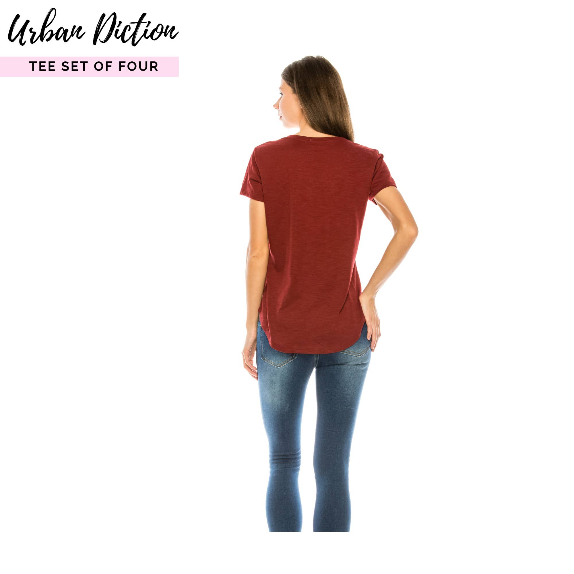 BORDEAUX, ROEST, TAUPE, BRUIN Burgundy & Rust t-shirt met ronde zoom - set van vier voor groothandel op Faire7